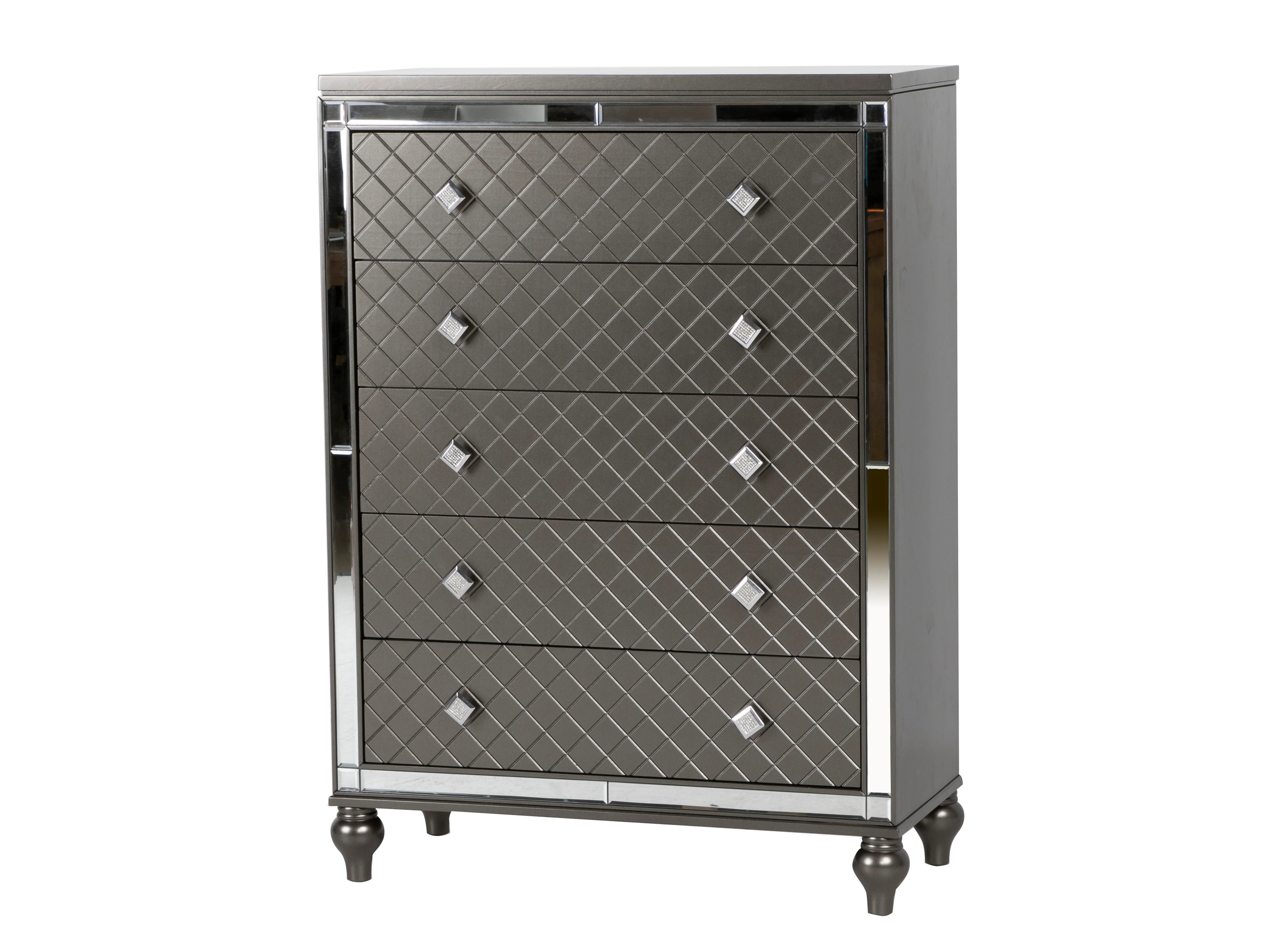 Gunmetal Mirrored 5-Drawer Chest with Diamond Pattern Fronts