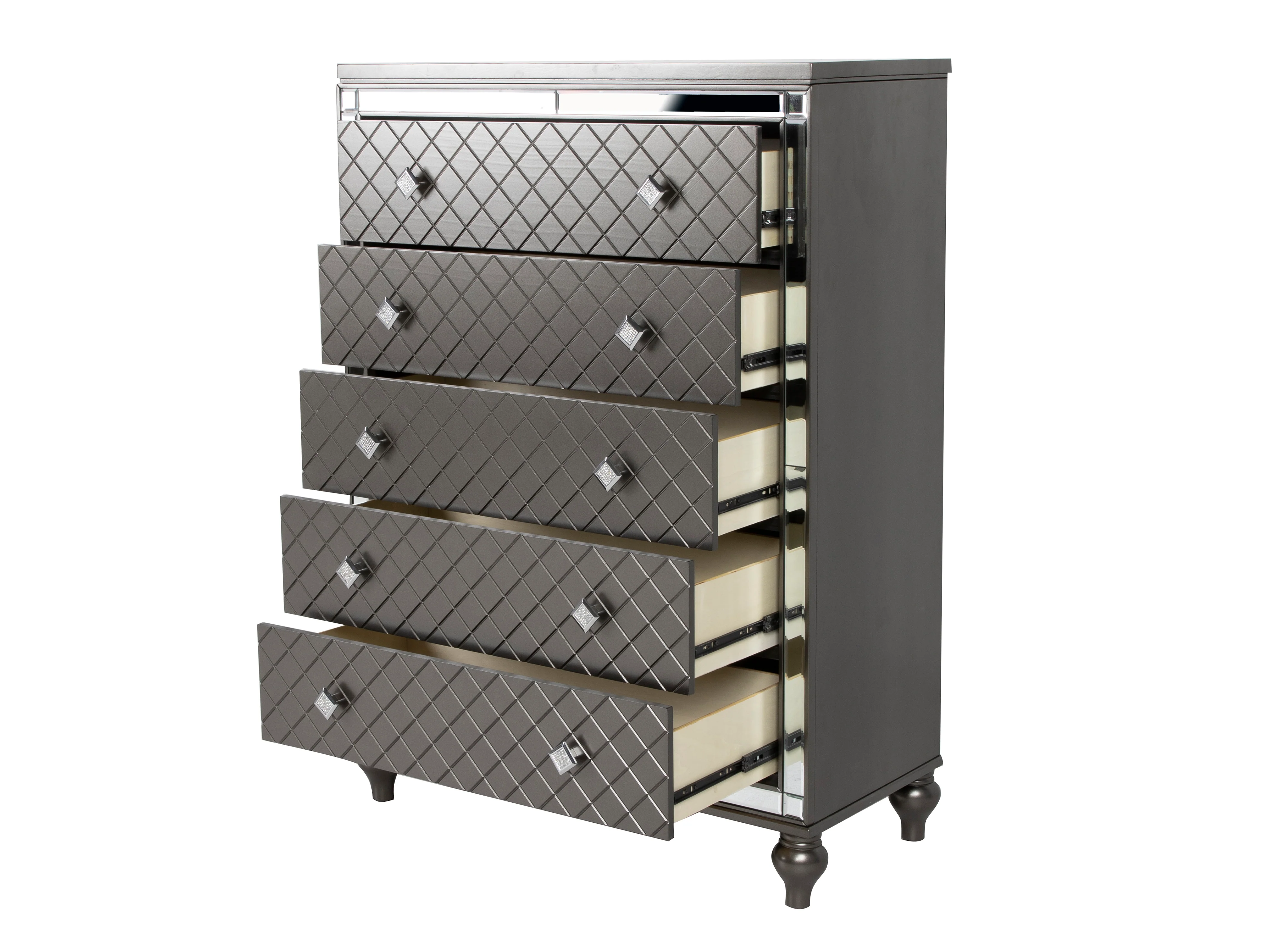 Gunmetal Mirrored 5-Drawer Chest with Diamond Pattern Fronts