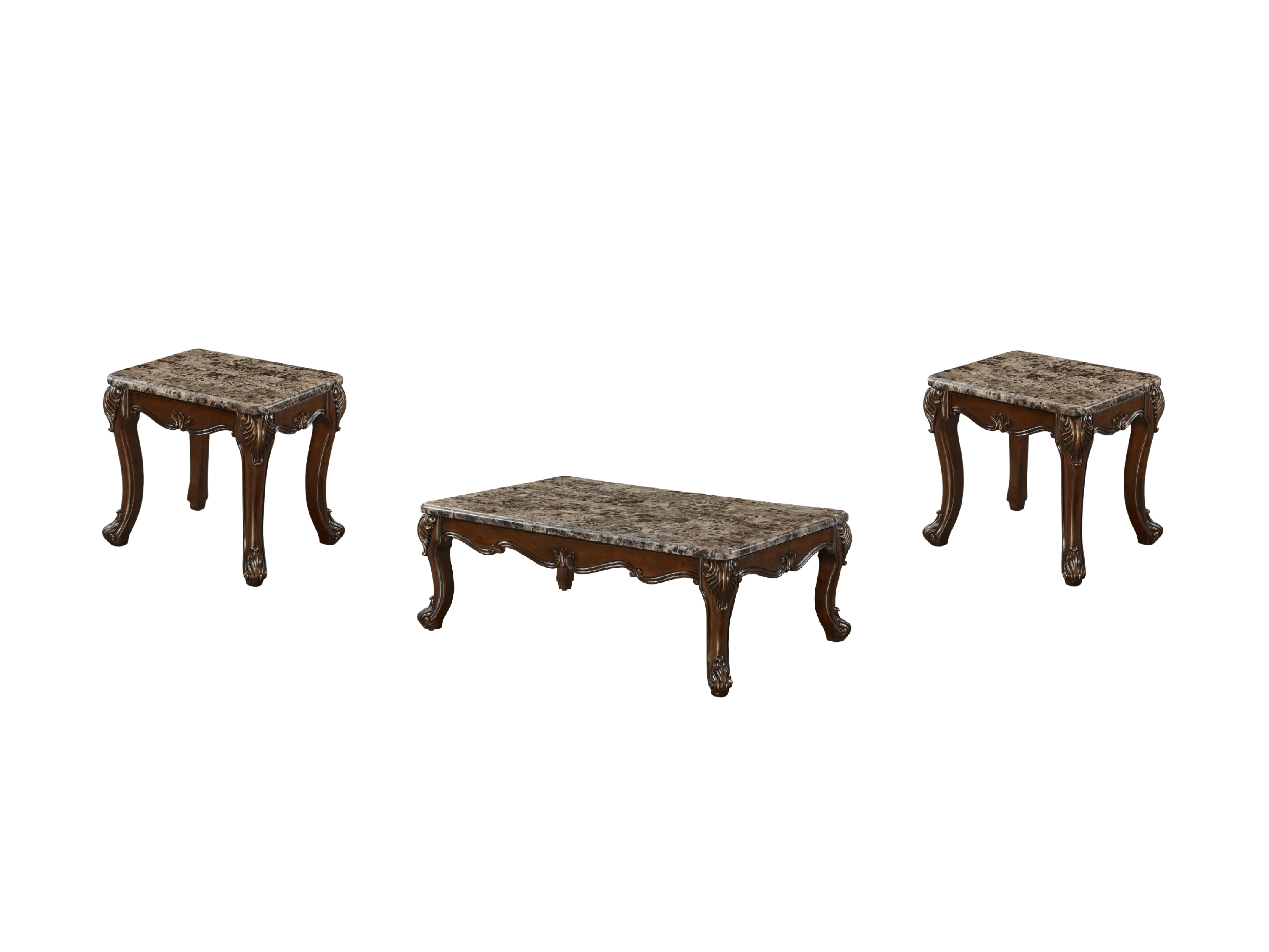 Brown 3-Piece Traditional Coffee Table Set with Marble Tops