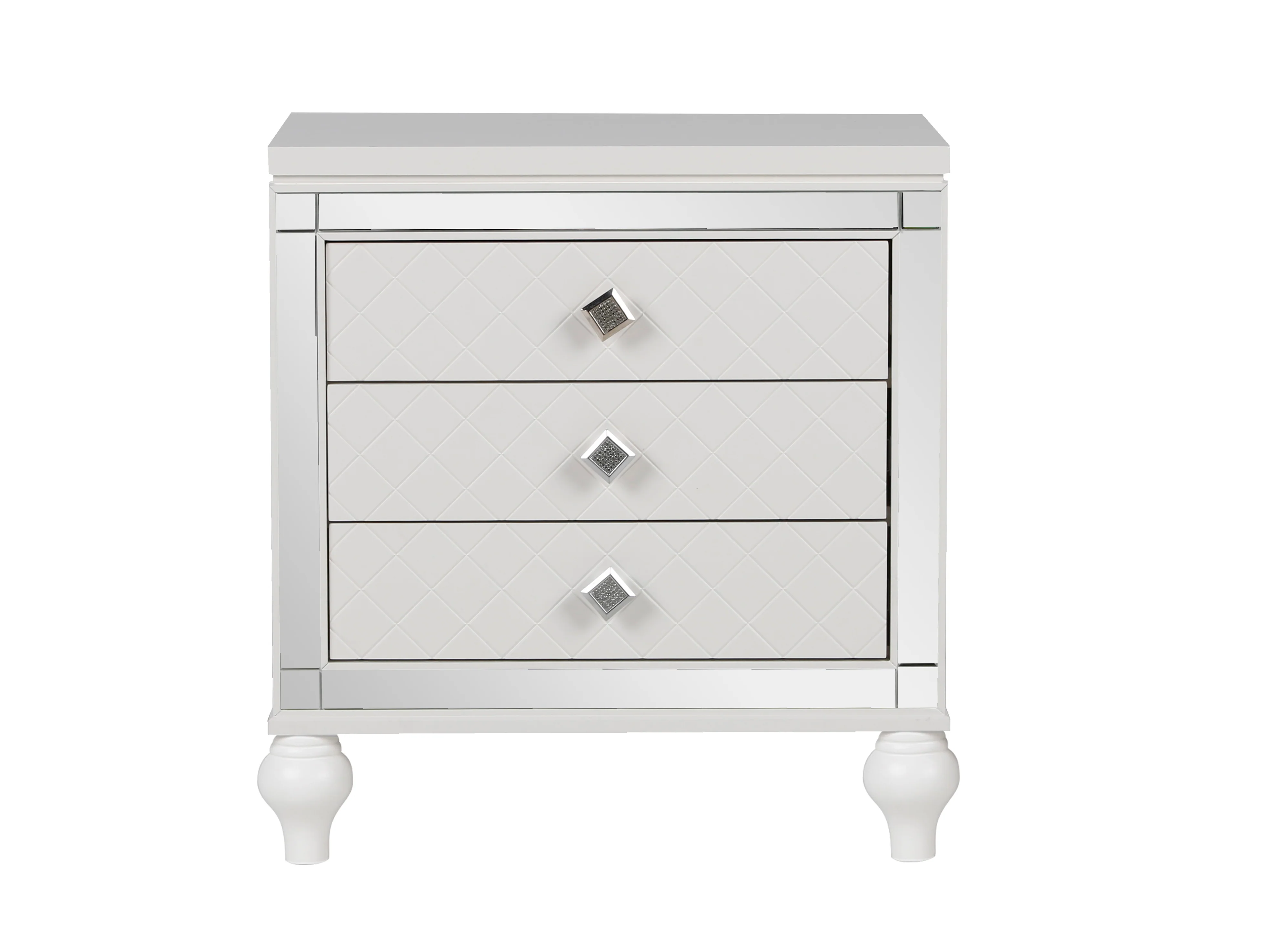 Modern Glam White 3-Drawer Nightstand with Diamond-Textured Fronts & Crystal Knobs