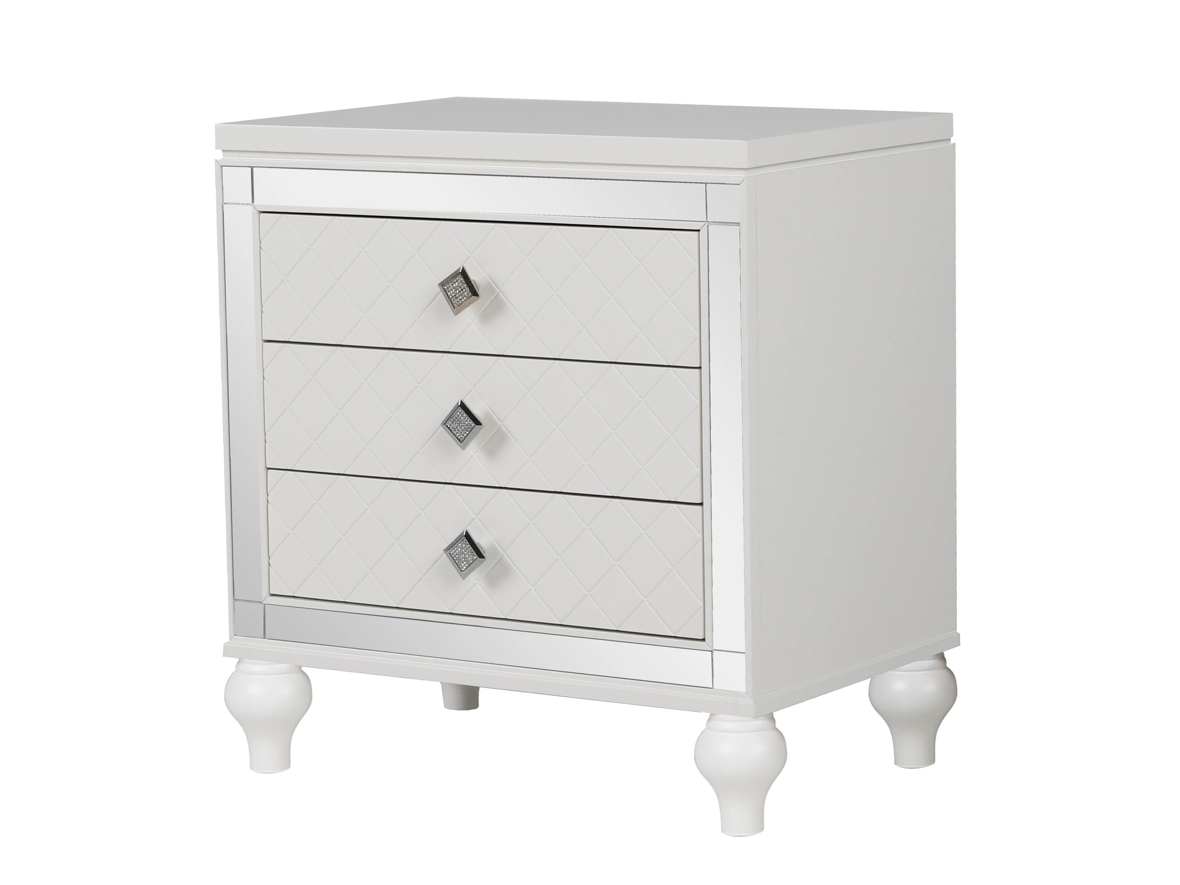 Modern Glam White 3-Drawer Nightstand with Diamond-Textured Fronts & Crystal Knobs