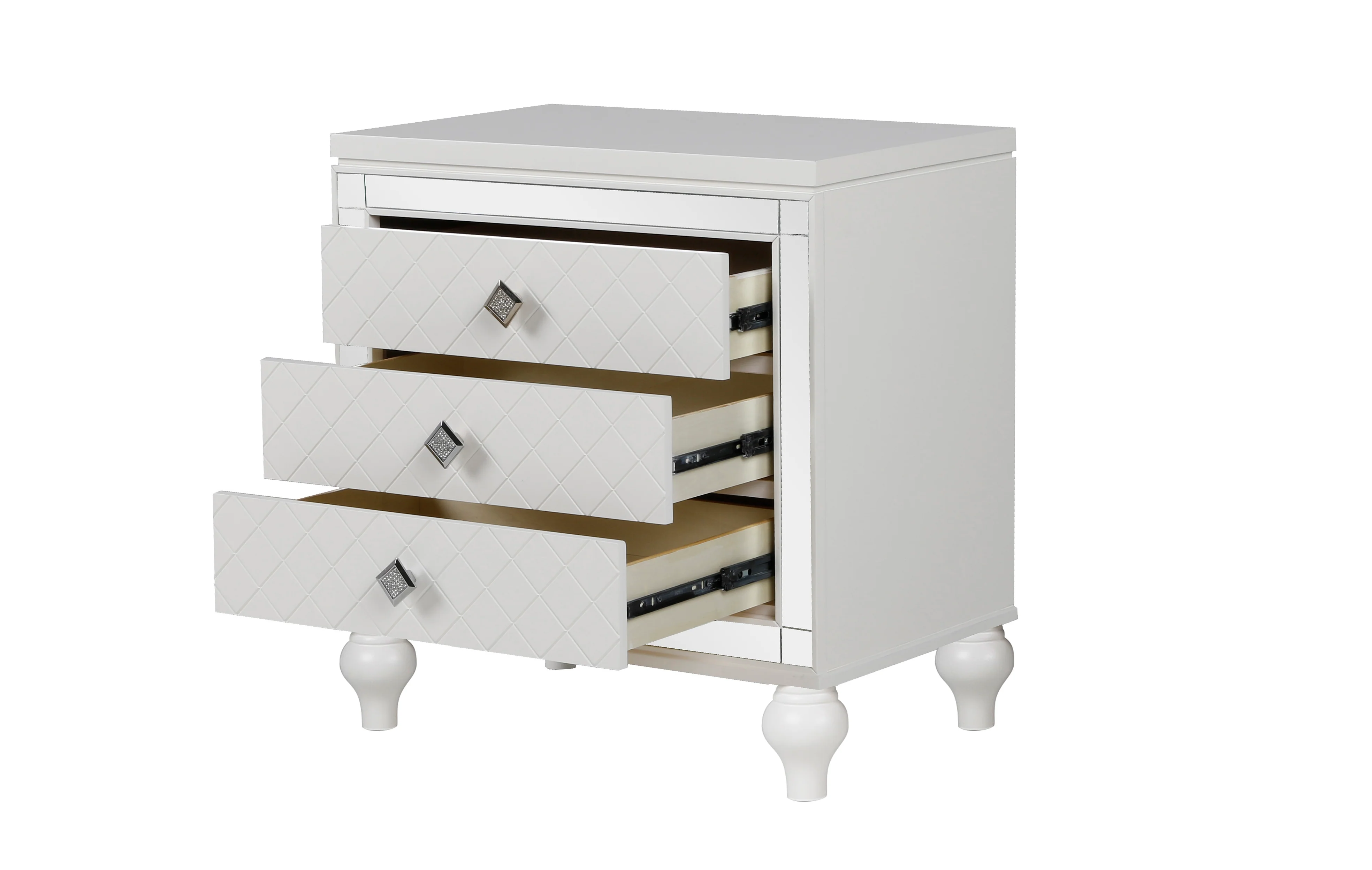 Modern Glam White 3-Drawer Nightstand with Diamond-Textured Fronts & Crystal Knobs