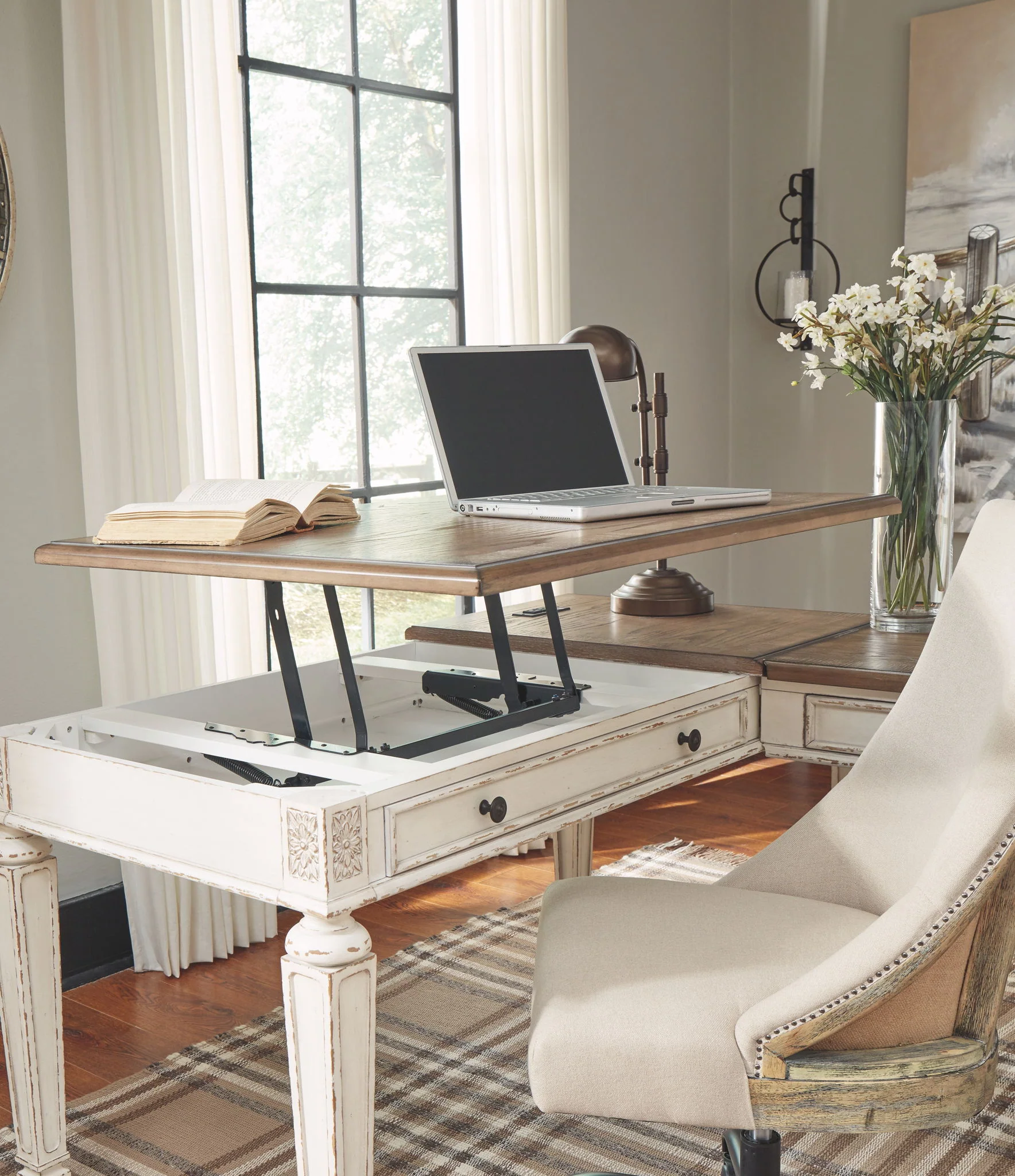 8465-realyn-l-shaped-desk-with-lift-top-white-brown-2.webp Realyn - L Shaped Desk With Lift Top - White / Brown