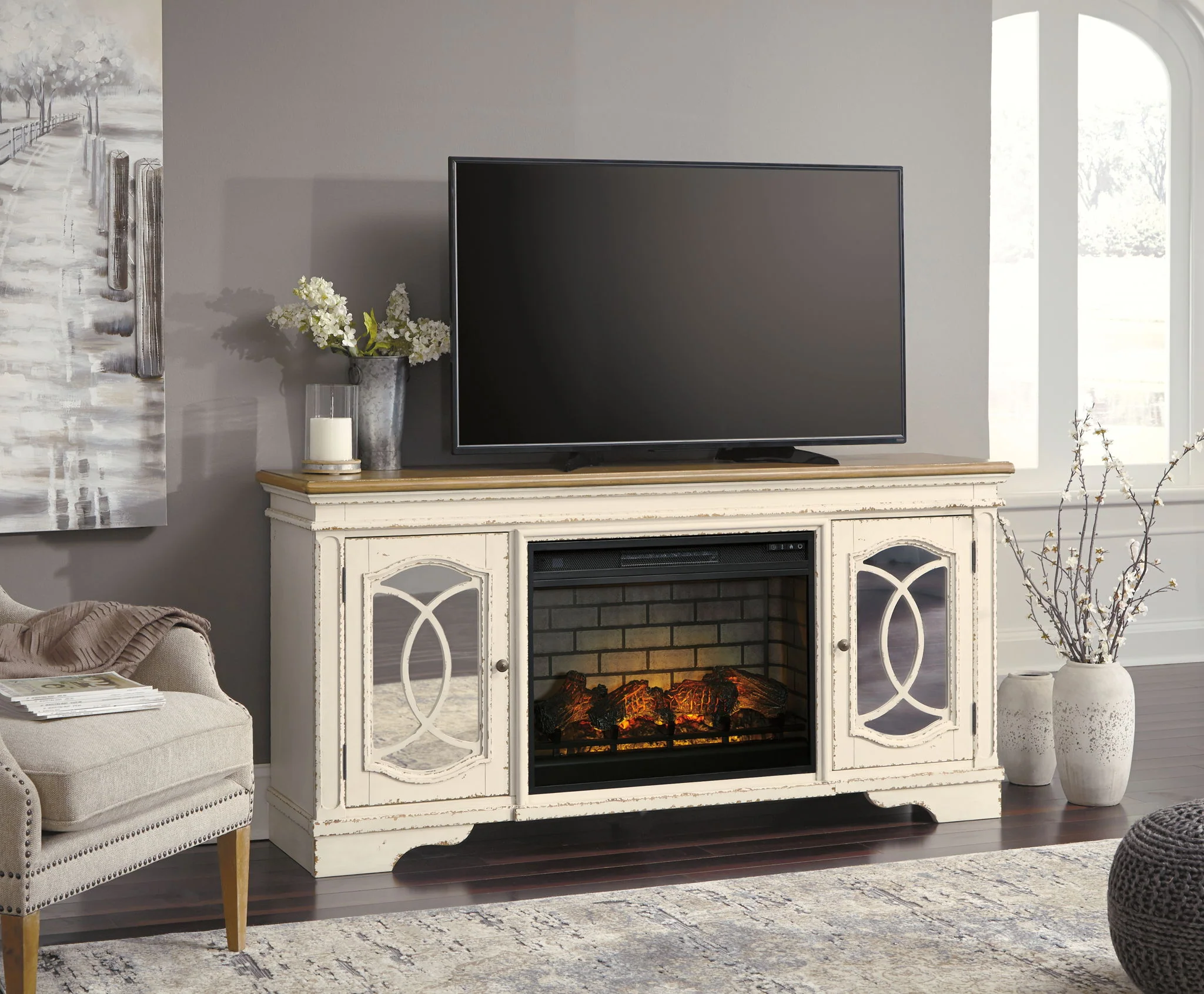Realyn - 2 Pc. - 74" TV Stand With Electric Infrared Fireplace Insert - Chipped White