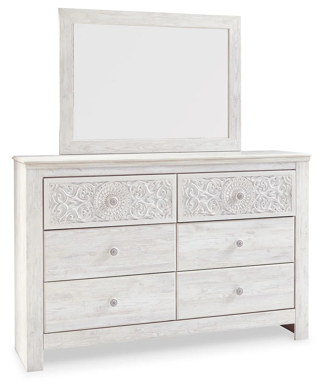 Paxberry - Dresser, Mirror - Medallion Drawer Pulls - Whitewash