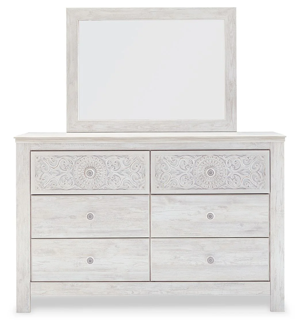Paxberry - Dresser, Mirror - Medallion Drawer Pulls - Whitewash