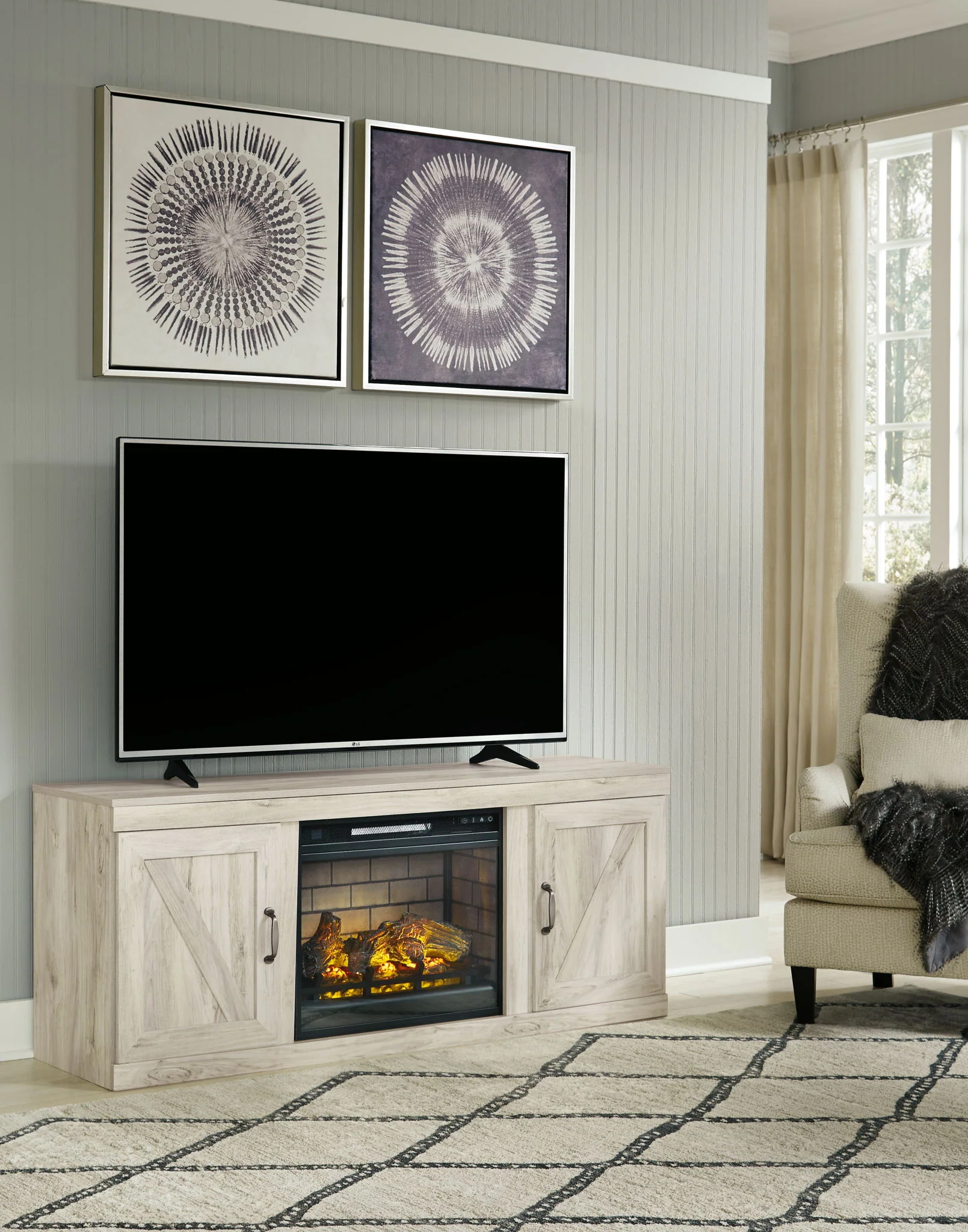 8470-bellaby-tv-stand-with-faux-firebrick-fireplace-insert-whitewash-1.webp Bellaby - TV Stand With Faux Firebrick Fireplace Insert - Whitewash