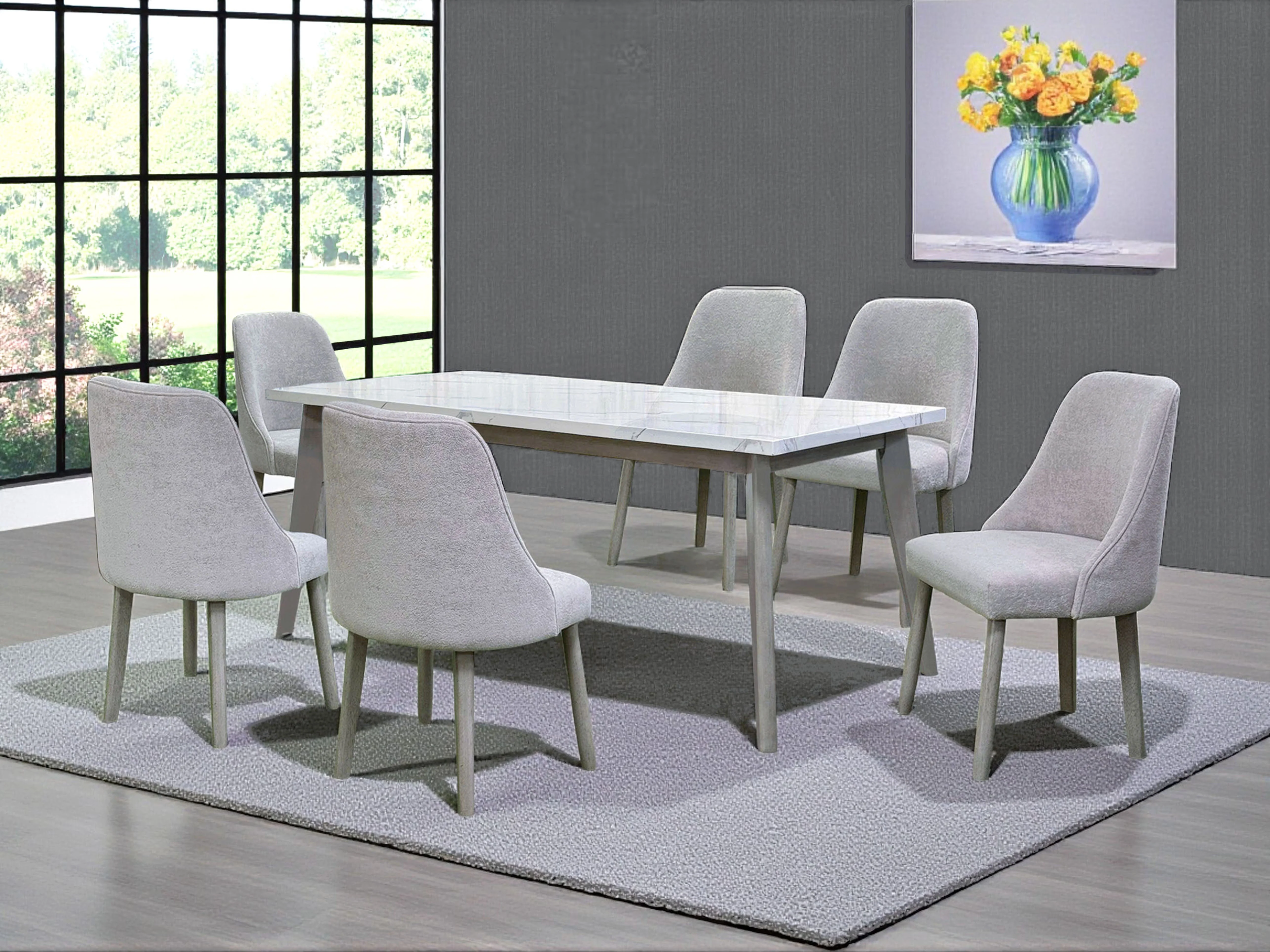 892-7-piece-modern-rectangular-dining-set-with-white-stone-style-top-6-light-gray-upholstered-chairs-1.webp 7-Piece Modern Rectangular Dining Set with White Stone-Style Top & 6 Light Gray Upholstered Chairs