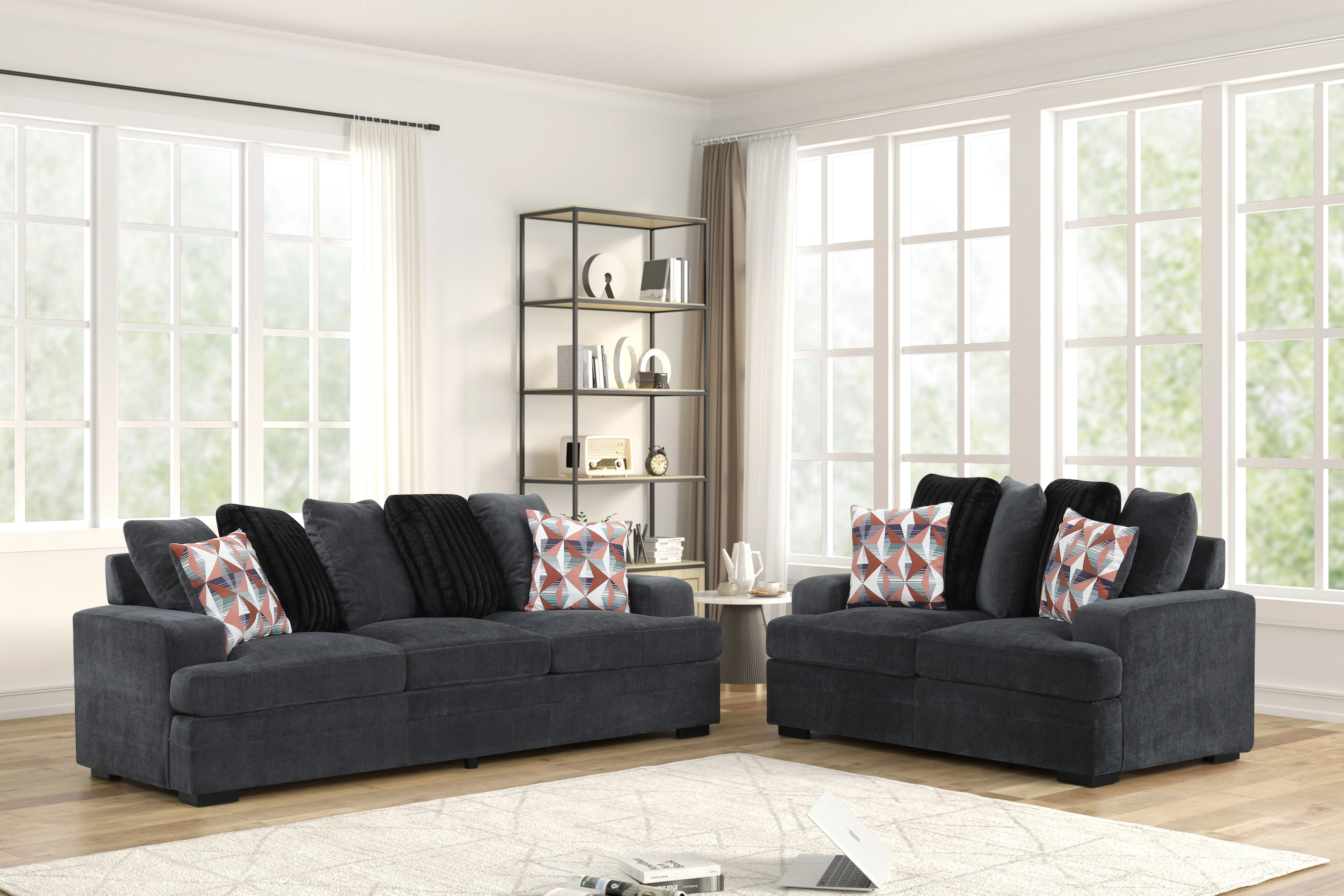 Charcoal Gray Modern 2-Piece Living Room Set with Sofa & Loveseat