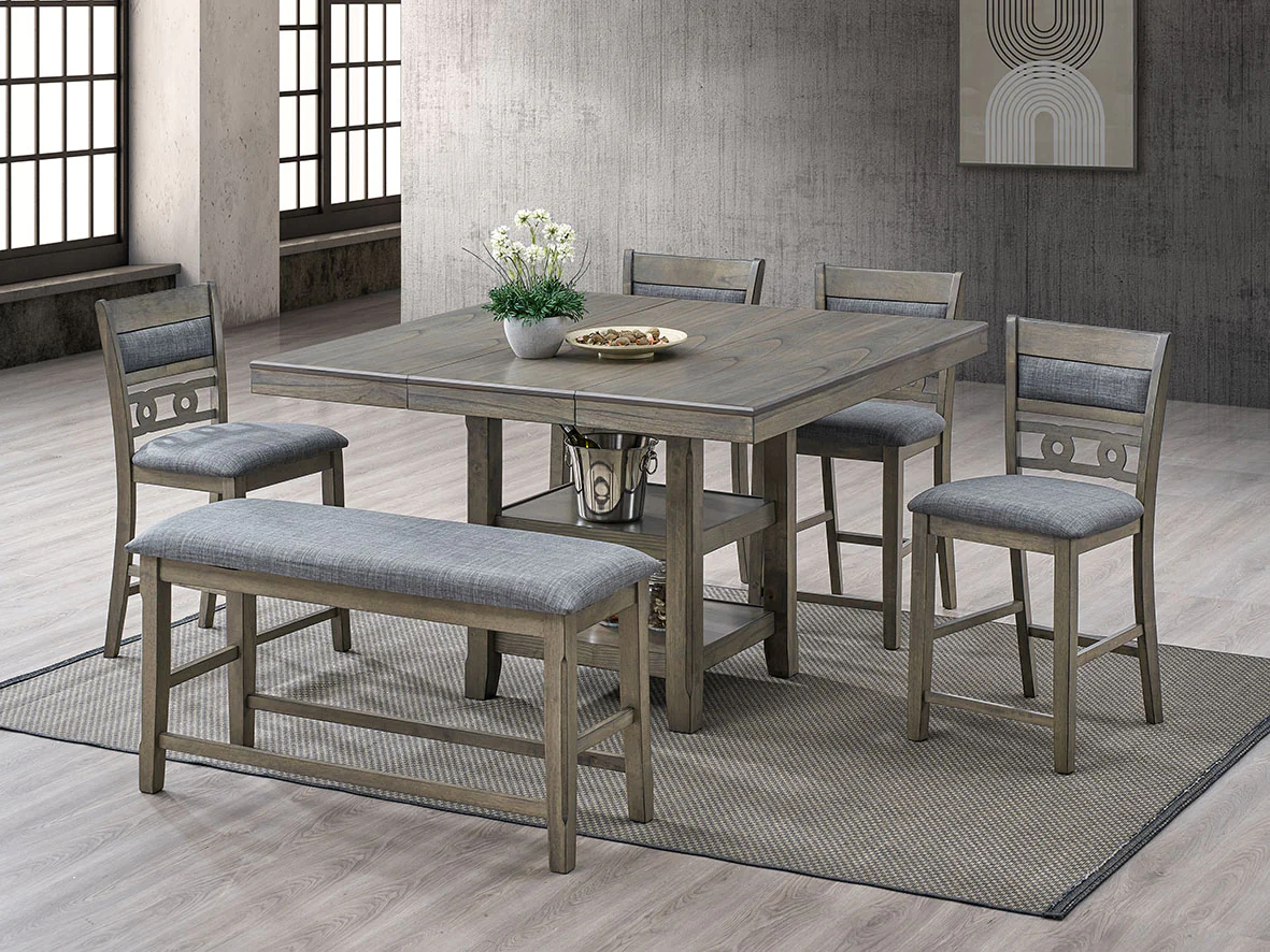 Gray Counter Height Dining Set with Square Pub Table, 4 Chairs & Upholstered Bench