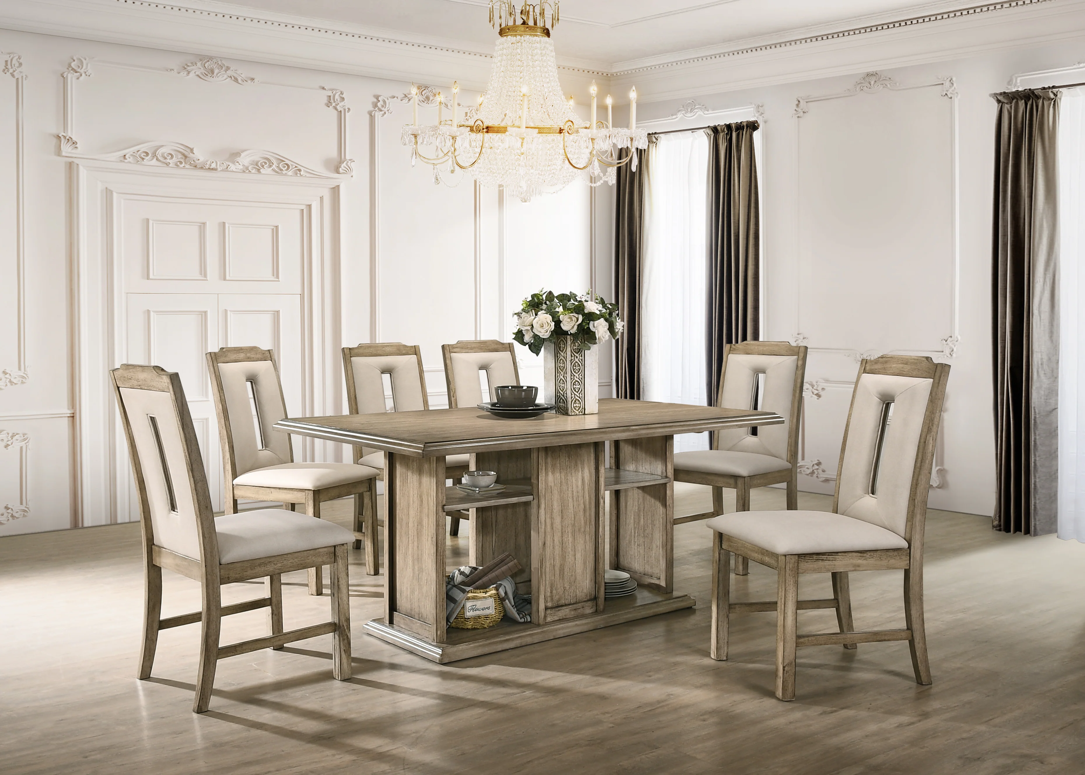 9-transitional-white-oak-7-piece-dining-set-with-storage-base-beige-chairs-2.webp Transitional White Oak 7-Piece Dining Set with Storage Base & Beige Chairs