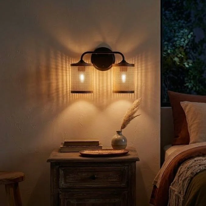 Quell - Double Light Vanity With Natural Shade Wall Lamp - Black / Rattan