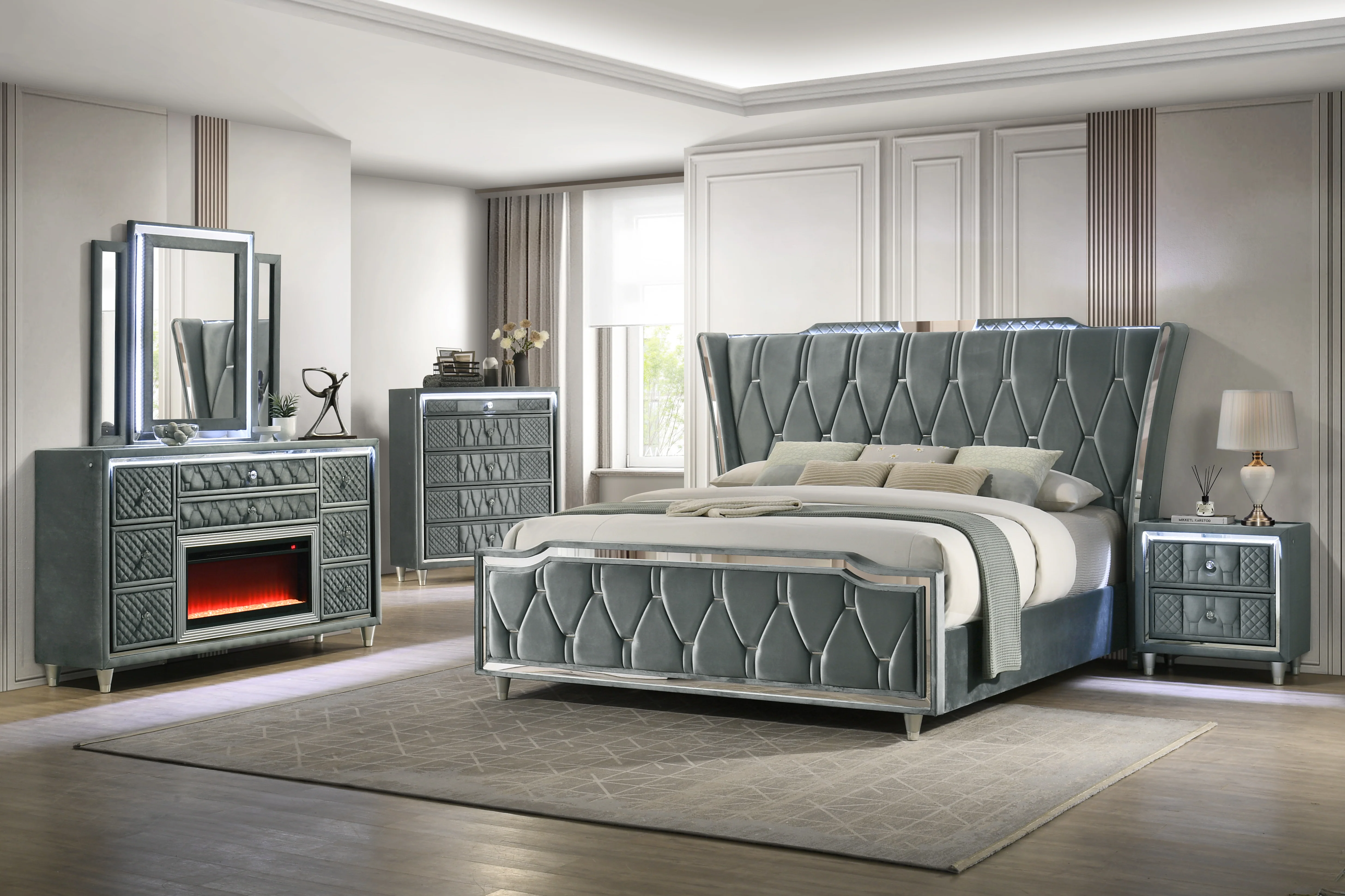 903-modern-gray-velvet-nightstand-with-led-and-glass-top-2.webp Modern Gray Velvet Nightstand with LED and Glass Top