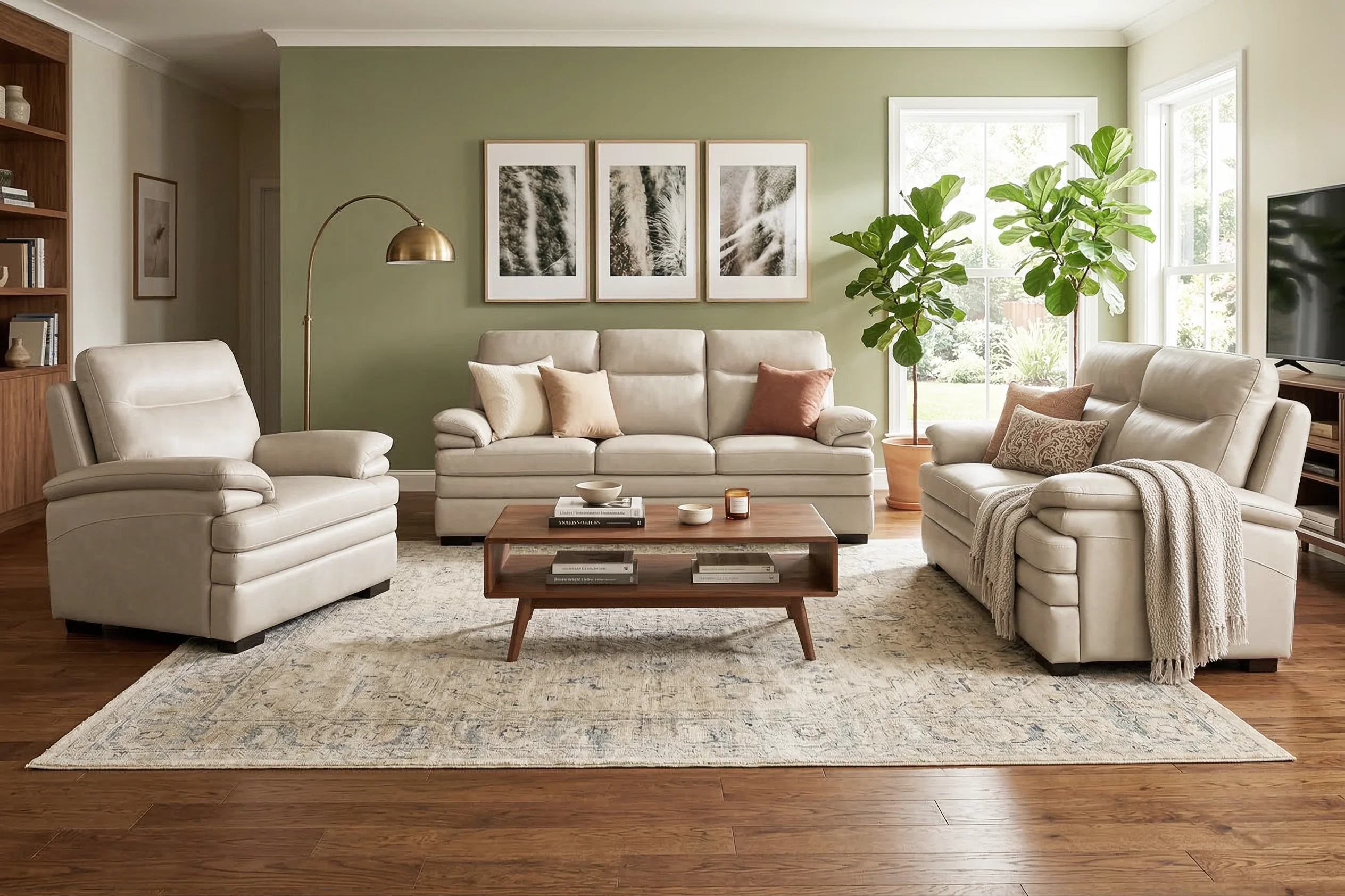 Light Beige Top Grain Leather 3-Piece Living Room Set with Sofa, Loveseat & Chair