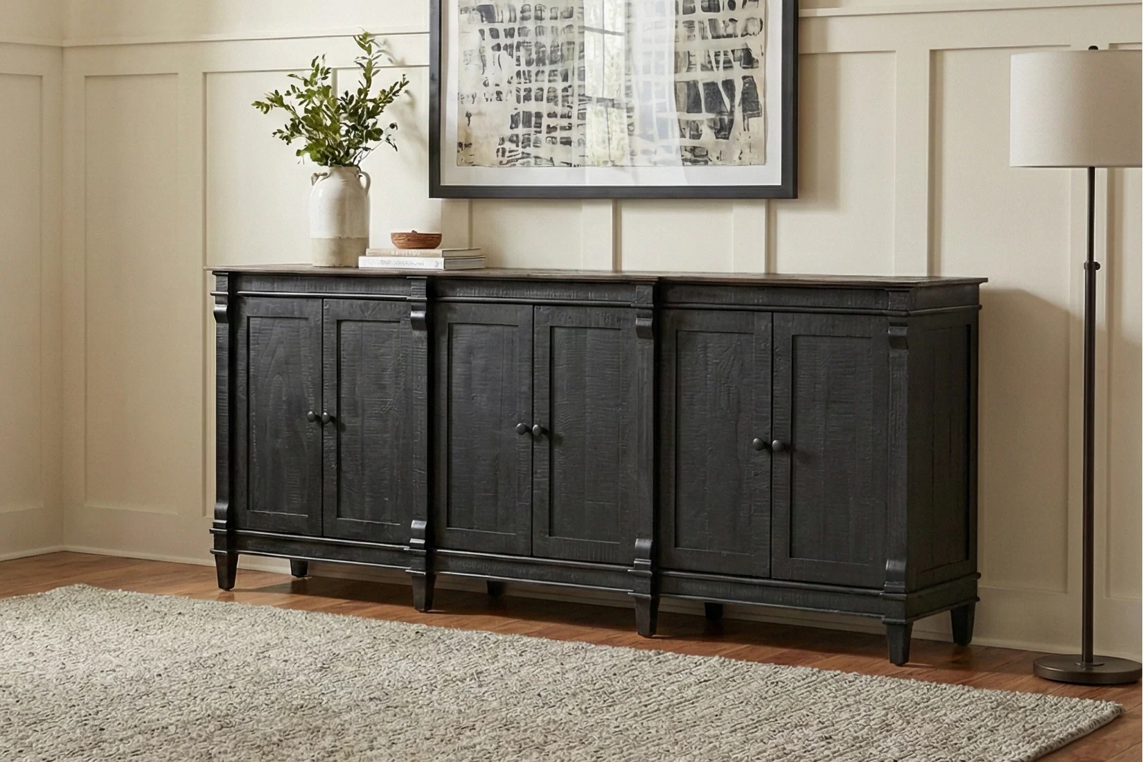 Rustic Black Sideboard Buffet / TV Stand with Weathered Wood Top