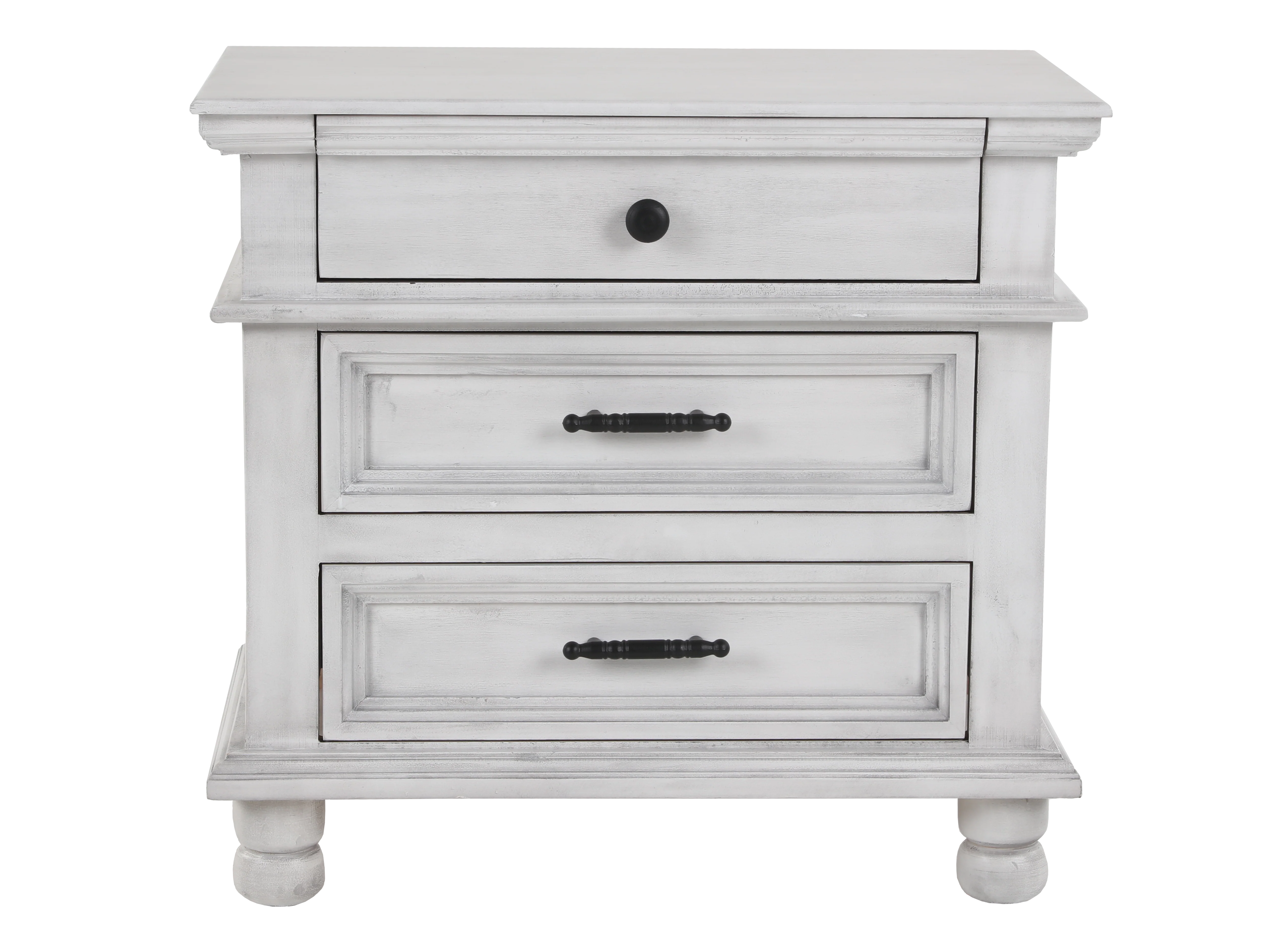 921-distressed-white-farmhouse-nightstand-with-3-drawers-black-hardware-1.webp Distressed White Farmhouse Nightstand with 3 Drawers & Black Hardware
