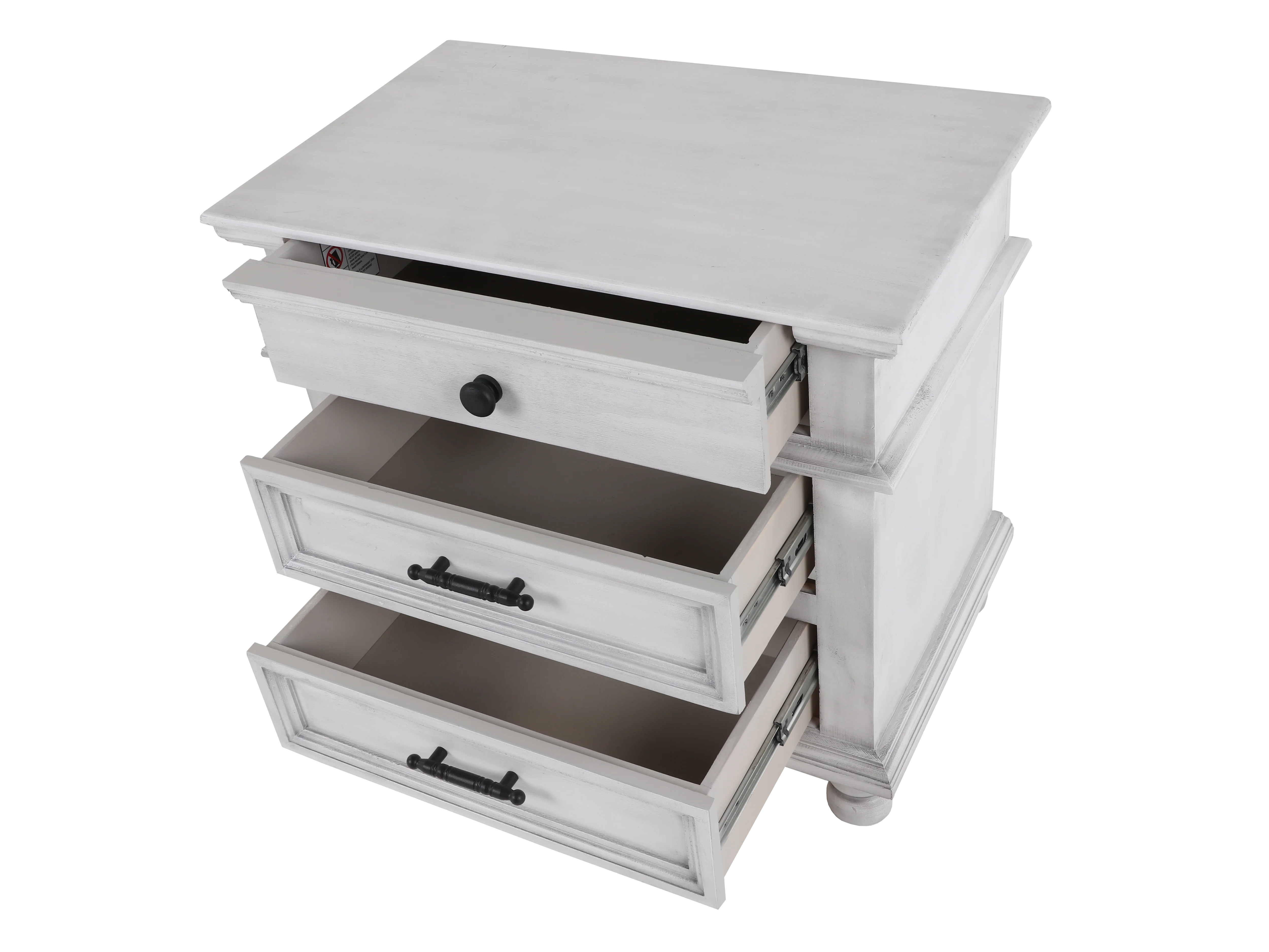 921-distressed-white-farmhouse-nightstand-with-3-drawers-black-hardware-2.webp Distressed White Farmhouse Nightstand with 3 Drawers & Black Hardware