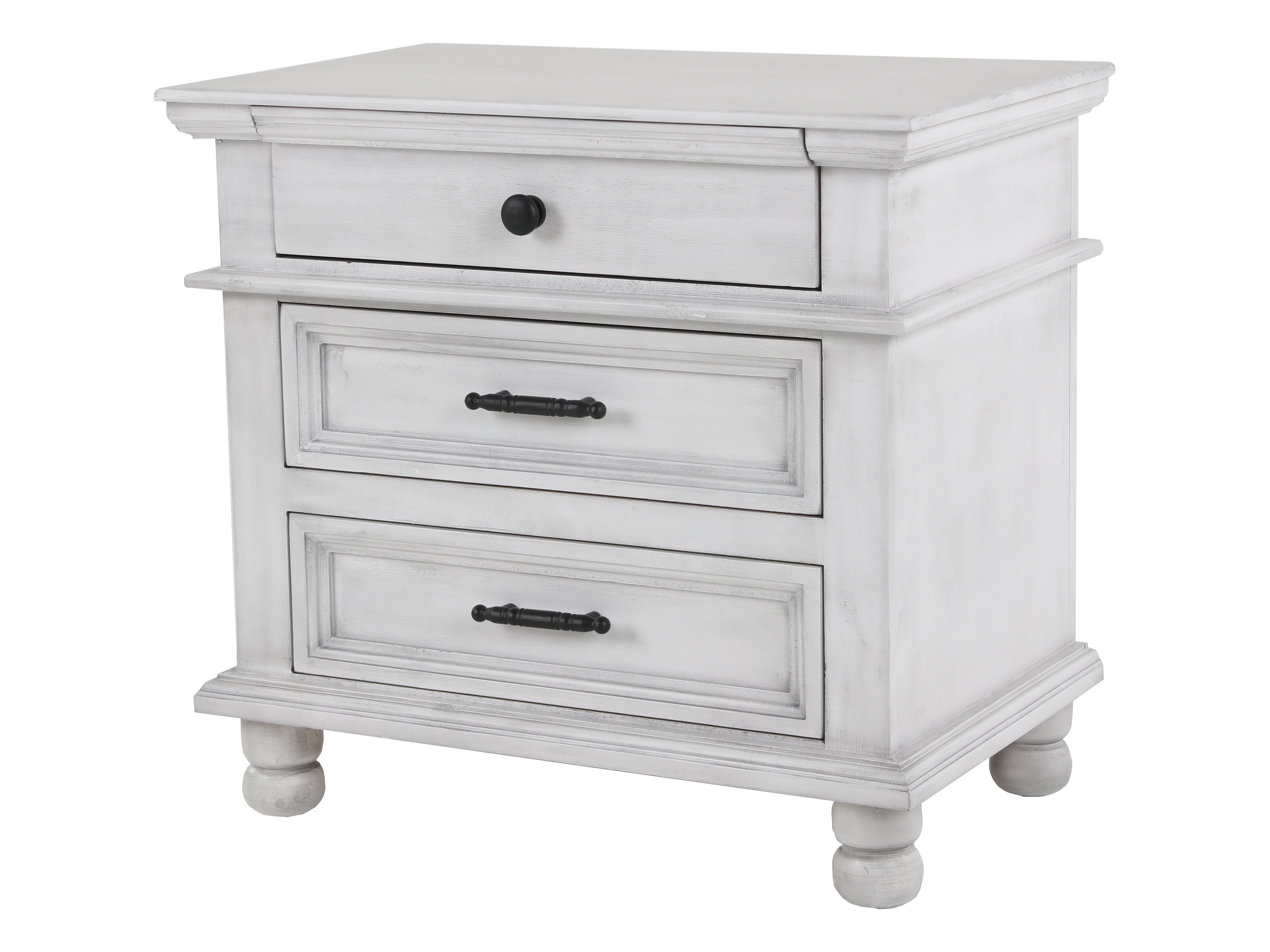 921-distressed-white-farmhouse-nightstand-with-3-drawers-black-hardware-3.webp Distressed White Farmhouse Nightstand with 3 Drawers & Black Hardware