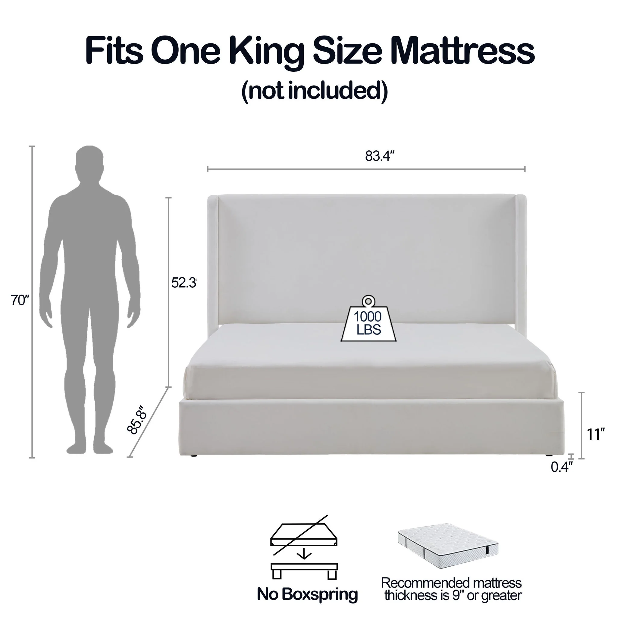 Carmen - King Size Upholstered Wingback Bed - White