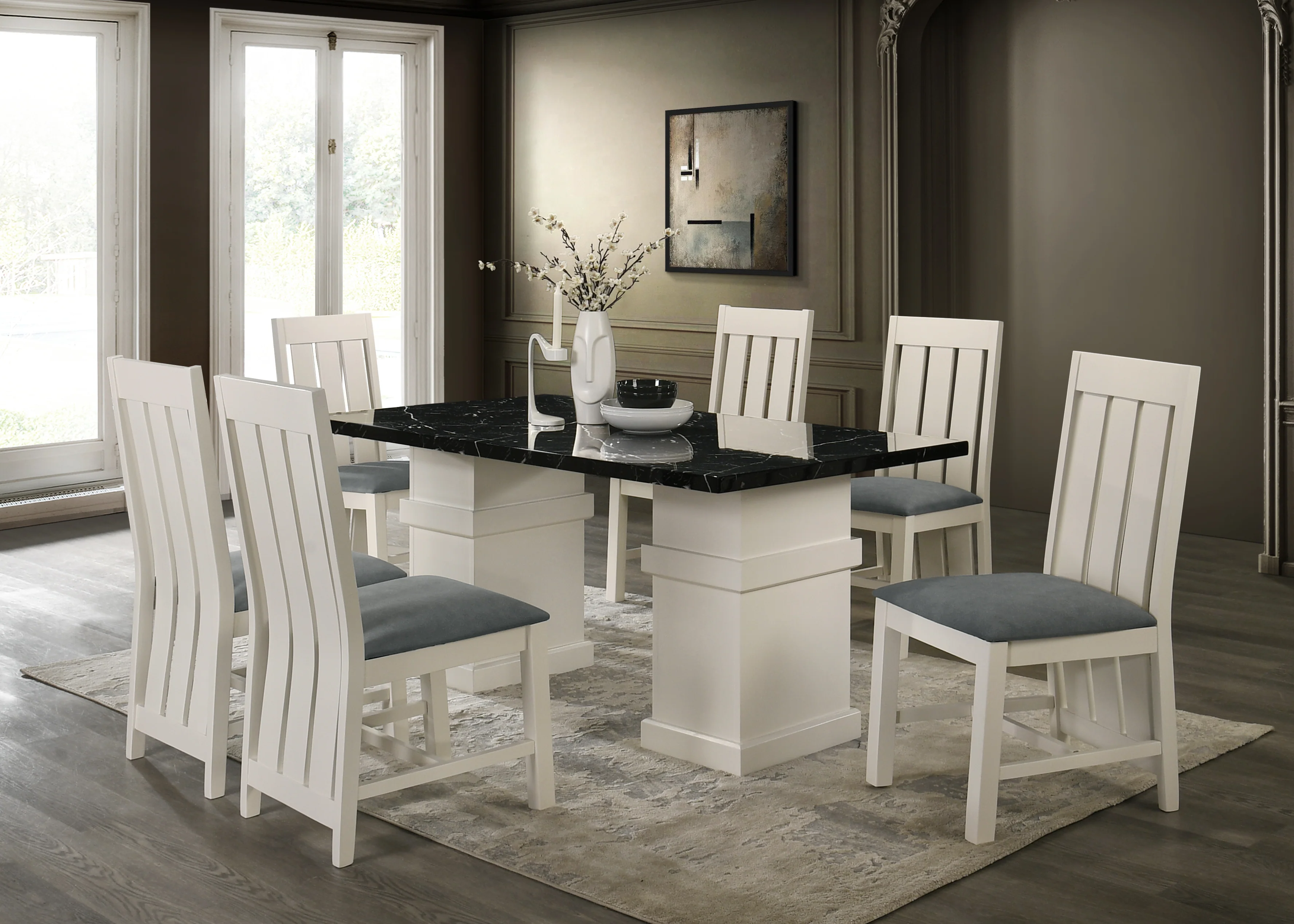 Parisian Elegance 7-Piece Dining Set with Black Top and White Pedestal Base