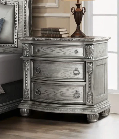 Grey Nightstand with Brown Marble Top