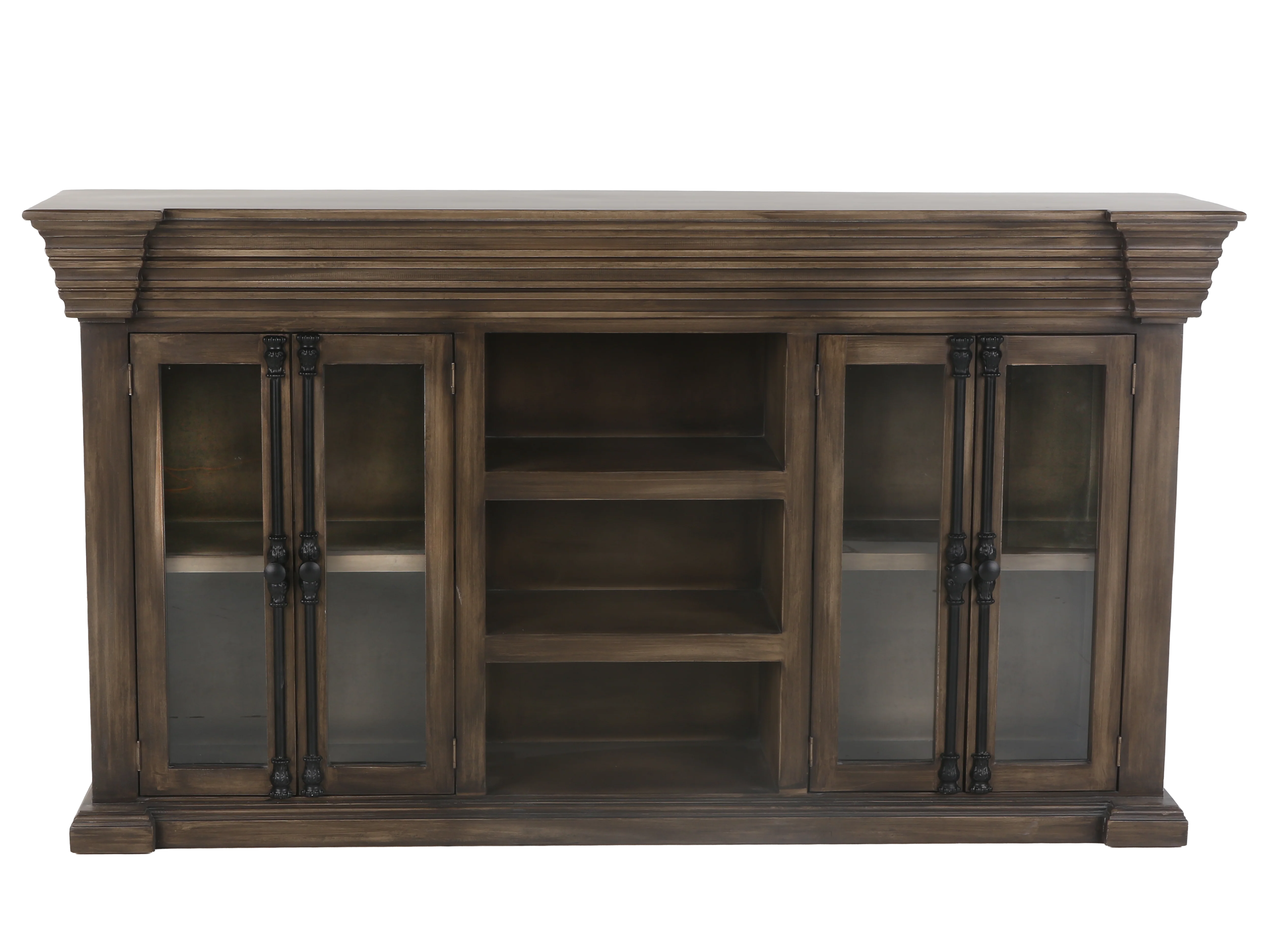 Rustic Brown Glass Door TV Console with Center Shelving