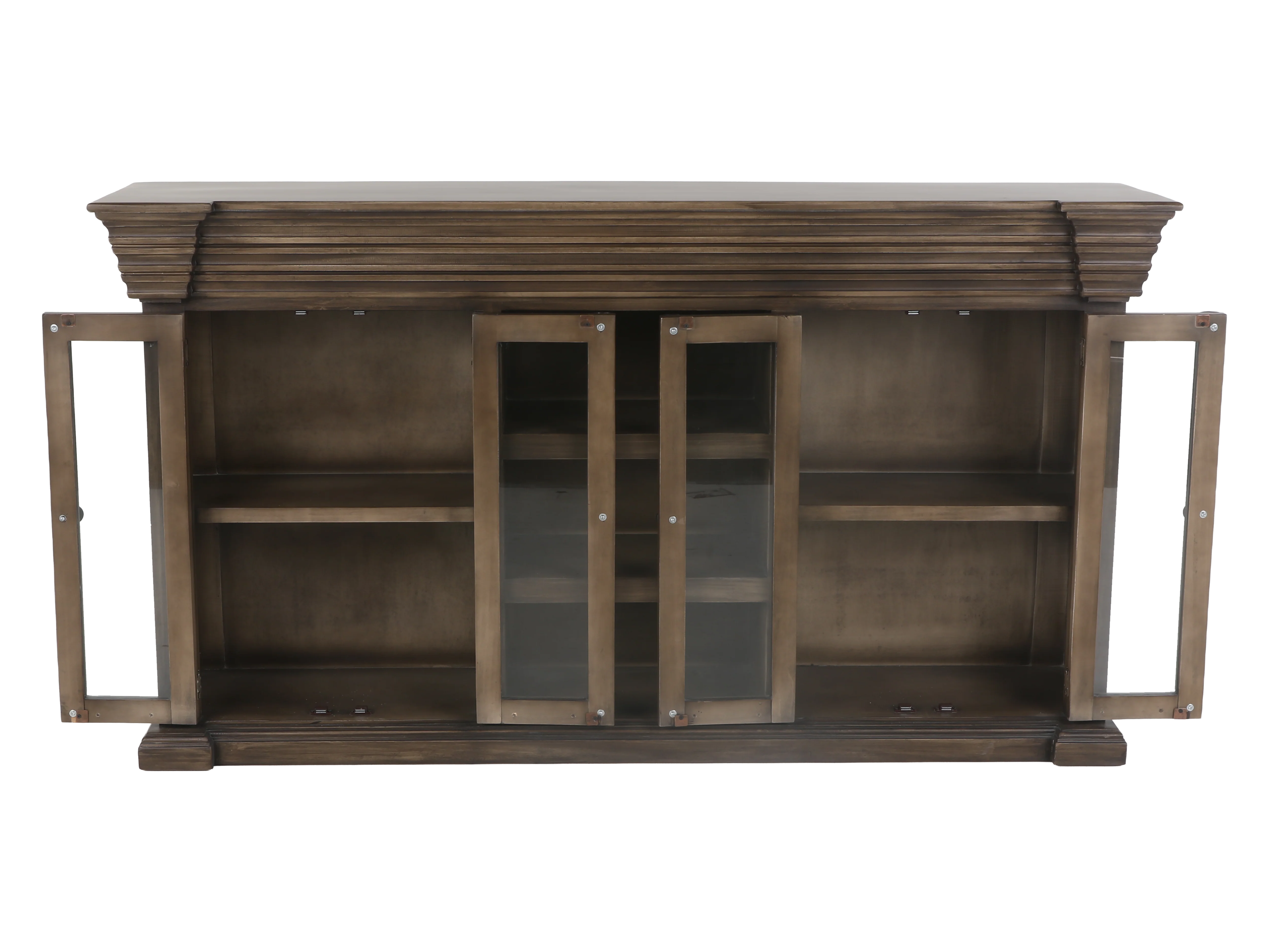 Rustic Brown Glass Door TV Console with Center Shelving