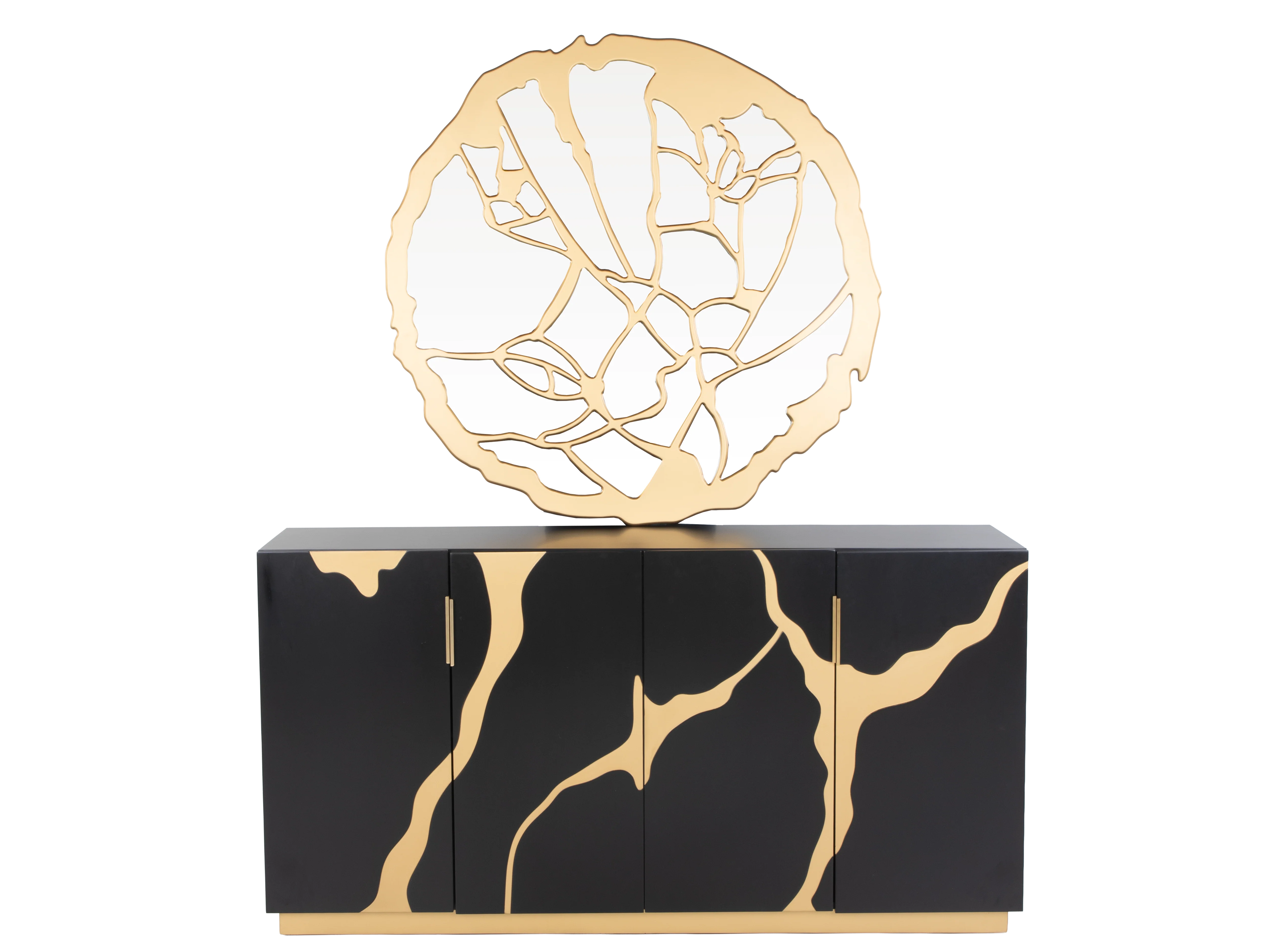 Modern Black and Gold Sideboard Buffet with Artistic Mirror