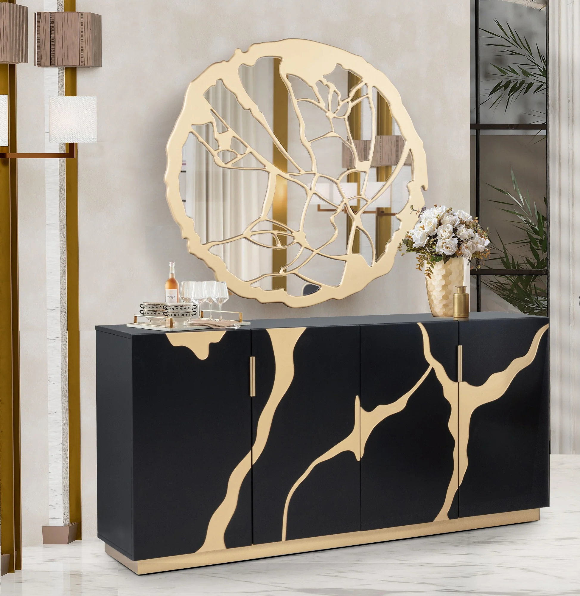 Modern Black and Gold Sideboard Buffet with Artistic Mirror