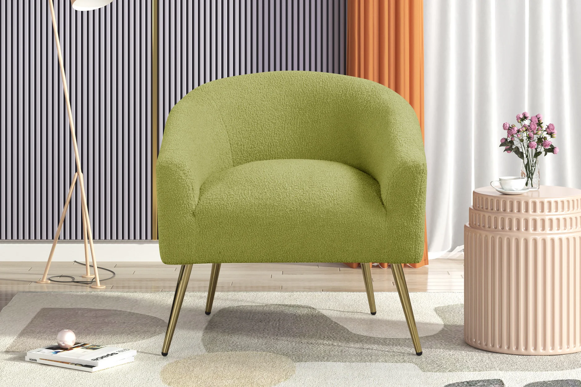 Light Green Boucle Accent Chair with Gold Metal Legs