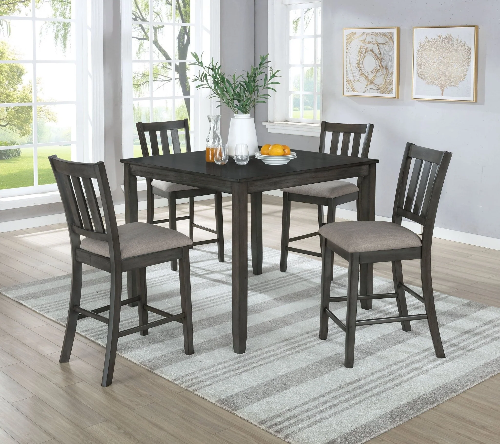 5-Piece Counter-Height Dining Set in Gray (Square Table + 4 Slat-Back Stools)